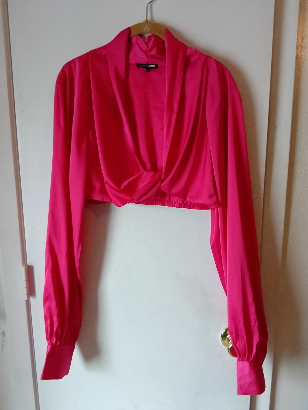 Fashion Nova Hot Pink Satin Long Sleeve Cropped Wrap Top